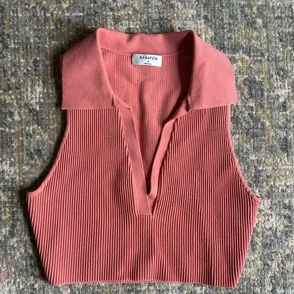 Aritzia Babaton Contour Sculpt Knit Polo Top Ribbed Collared Cropped Size Medium - Picture 3 of 7
